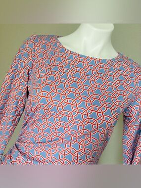 J. McLaughlin Catalina Cloth Light Blue Red Celtic Knot Side-Ruched Costal Dress